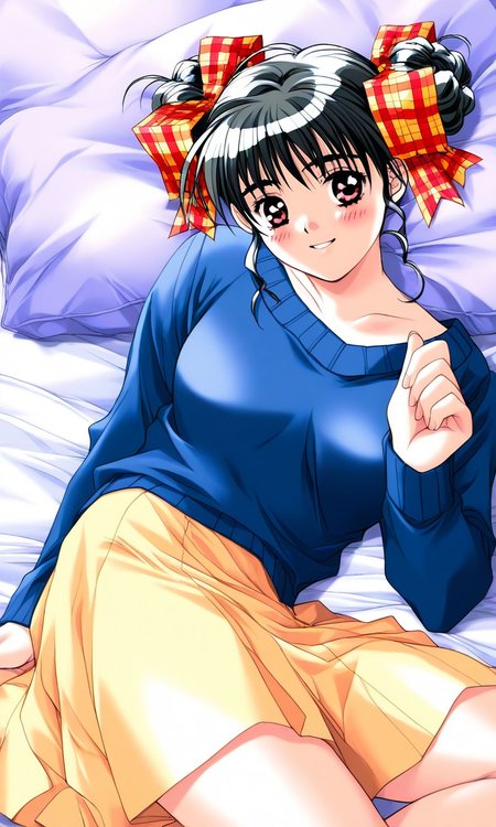 general,highres, ultra-detailed,very aesthetic,best quality ,best hands, BREAK <lora:Narusawa_Yui_Doukyuusei2_IS:1>
Narusawa_Yui(Doukyuusei2), 1girl, solo, black hair, double bun, hair ribbon, plaid ribbon, breasts, red eyes,
lying, on side, smile, bed, yellow skirt, blue sweater, looking at viewer,
happy, blush,