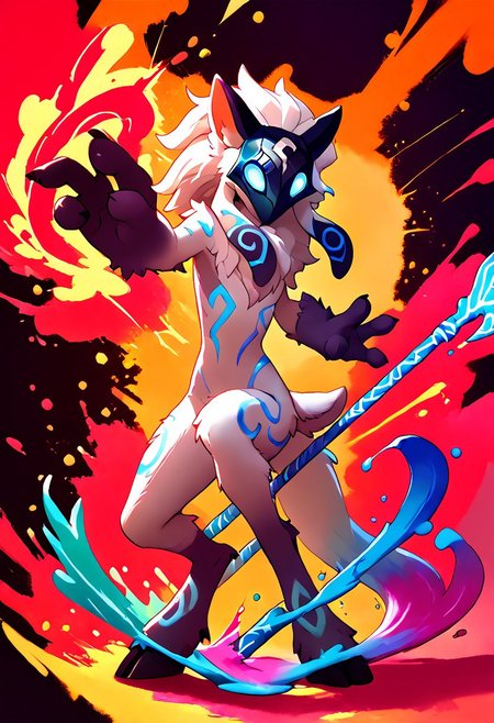 score_9, score_8_up, score_7_up, score_6_up, score_5_up, score_4_up, source_furry, source_anime, BREAK, standing up with a glowing spear in one hand, (tribal outfit,spear, tribal markings, tribal paint, mask with glowing eyes, mask) action pose,anthro, looking at viewer,lamb_lol,body fur, long hair, grey fur, body markings, glowing eyes, tail, colored skin, white fur, hooves, shiny skin, grey hair, blue eyes, animal ears, mask, femboy, 1boy,male focus,looking at viewer,full body,furry, no human,illustration, tail, fortnitelsxl, aura, energy, multicolored background, thick multicolored outline, background: waves of paint, reij-splshpwdr, ink lined illustration, Kemono