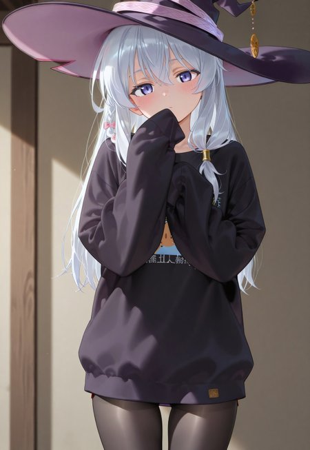 1 girl, long t-shirt, ((sleeves over hands)), thighs, hand on hat, witch hat, head tilt, blush, black pantyhose, Elaina_(Majo_no_Tabitabi)