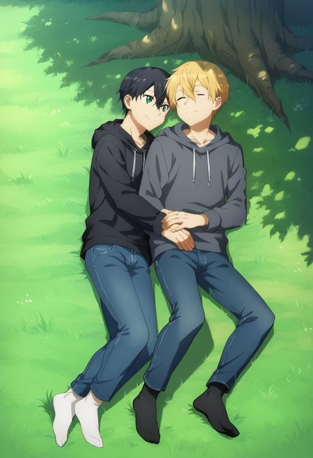 score_9, score_8_up, score_7_up, source_anime, highly detailed, 
1boy, 1boy,
Kazuto Kirigaya, SAO, black hair, black eyes,
and eugeo, green eyes,blonde hair,hair between eyes, green eyes, 
outdoor, tree, grass, lying down, tartan blanket, hoodie, jeans, socks, sleeping, embrace, smile, closed eyes, up view,