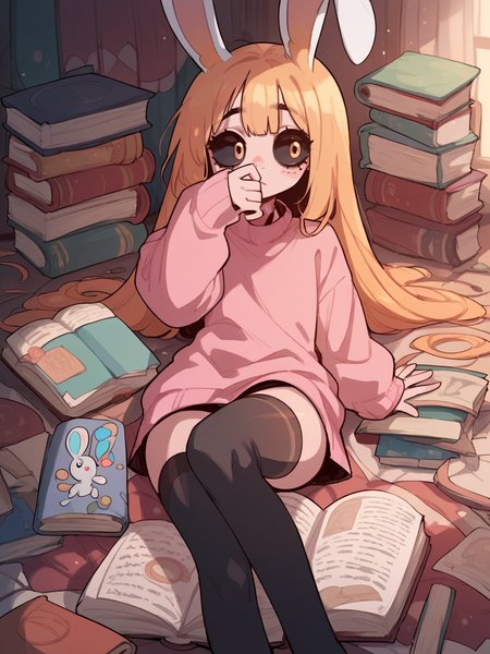 source_anime, score_9, score_8_up, score_7_up, score_6_up, score_5_up,  pink sweater, open book, rabbit girl, rubbing eyes, black sclera, thighhighs,  <lora:D4lm4uXLP:1> d4lm4u