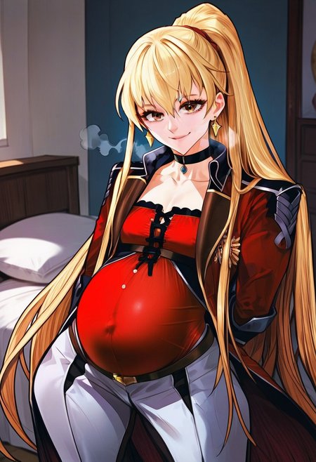 zPDXL3, score_9_up, score_8_up, score_7_up, Anime_source,  1girl, mookhyang, blonde hair, long hair, bangs, very long hair, dress, looking at viewer, collarbone, ponytail, earrings, choker, red dress, spread legs, smile,Breath, pregnant, full body, brown eyes, on bed, bedrooms,