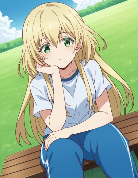 score_9, score_8_up, score_7_up, source_anime, <lora:yuki-nozaki-s1-ponyxl-lora-nochekaiser:1>, yuki nozaki, long hair, blonde hair, hair between eyes, green eyes, sidelocks,, shirt, pants, t-shirt, sportswear, track pants,, plain, grass, open, vast, sky, , sitting, elbow rest, table,, looking at viewer, solo,, dutch angle, cowboy shot
