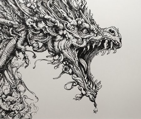 PStyl3, (dragon:1.2),  <lora:Maximalist_Drawing_BW:0.75>