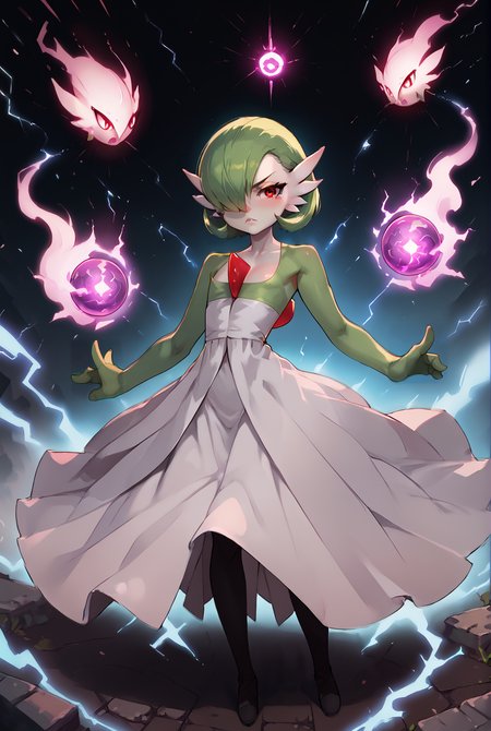 score_9, score_8_up, score_7_up, score_6_up, score_5_up, score_4_up, <lora:gardevoir_v2:1> gardevoir, white dress, creature, game freak, nintendo, pokemon, bangs, colored skin, female focus, flat chest, gen 3 pokemon, green hair, green skin, hair over one eye, multicolored skin, red eyes, short hair, two-tone skin, white skin, serious face, full body, <lora:Super_Saiyan_4_Goku_Anime:1>,  <lora:asanagiArtistStylePonyxl_loraLocon:0.8>, <lora:incase-ilff-v3-4:0.8>, <lora:BoldCAT_P3:1>, energy, aura, electricity, purple orb, highly detailed, absurdres,