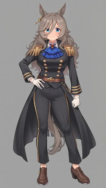 <lora:perry_steam_umamusume:0.8>,perry steam \(umamusume\),animal ears,blue eyes,hair between eyes,grey hair,hair ornament,horse ears,horse girl,horse tail,long hair,necktie,pants,tail,tailcoat,white gloves,black footwear,black pants,buttons,cape,epaulettes,gloves,