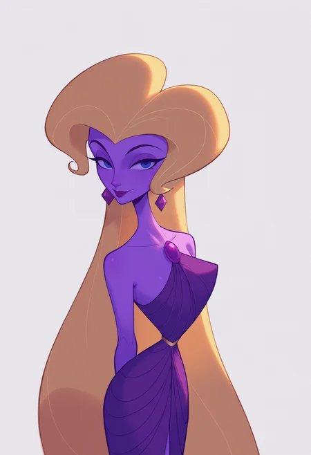 score_9, score_8_up, score_7_up, score_6_up, score_5_up, score_4_up, BREAK,
1girl, aphrodite, blonde hair, long hair, blue eyes, purple skin, colored skin, earrings, lipstick, makeup,
purple dress,
arms behind back, upper body, smile, looking at viewer, solo, simple background, white background   <lora:AphroditeXL:1>