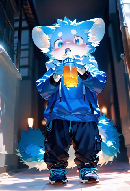 zuppu11, EtherPDXLStyle, xi410, 748cm, alens, nyalia, kyomu, youlichu, 1boy, solo, furry, cute, kemono, masterpiece, best quality, very awa, very aesthetic, absurdres, looking at viewer, blushing, drinking, holding bottle, full body