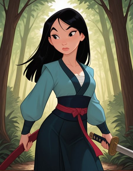 masterpiece, best quality, amazing quality, very aesthetic, absurdres,  newest, detailed background, cowboy shot, 4k, 8k, forest, 
mulanxd, 1girl, weapon, sword, solo, black hair, black eyes, holding, holding sword, long sleeves, holding weapon, long hair, japanese clothes, medium breasts,
 <lora:Mulan_-_Disney_Illustrious:1>