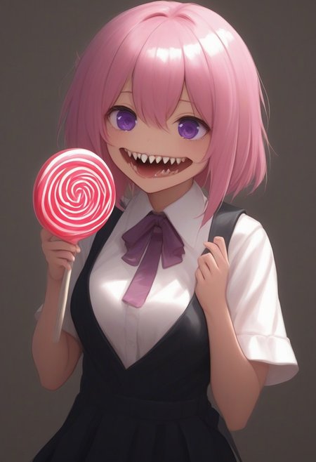 CivChan, purple eyes, pink hair,
(licking a giant lollipop made from teeth, made_from_teef:1.5)