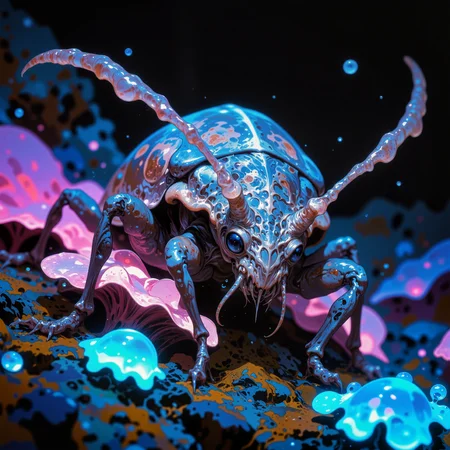 captivating and marvellous scenery on a distant world, award-winning macro photo, short depth of field, hyper realistic, ultra high definition, dim lighting, at night,  bioluminescence, subsurface scattering, the wee "grubby naggerbug" is a smackwinkeling marvel found in the damp, lumiglistening caves of the dimly lit world "blunderward x". this bioluminescent invertebrate sports a swallorfluxed, translucent carapace that refracts faint light into shimmering rainbows. its jinkleboggling antennae are very sensitive to the cave's eternal vibrations, allowing it to detect both predators and its favored food, the elusive "mossycling sparklemites." the creature's habitat features undulating walls of glistening stalagshimmer and faintly glowing fungal blooms, creating a truly snuggleflanking ecosystem, creature focus, very aesthetic, extremely detailed, ultra high resolution, 8k, 4k, harmonising colors, anthrazit grey and deep teal and royal purple and ivory and night blue and bordeaux red, ovg, in the style of ckpf, frank frazetta, amanoer, <lora:style-frank_frazetta-flux-by_artikuz_ai:0.36> <lora:style-yoshitaka_amano-elden_ring-flux-by_alicient:0.72> <lora:style-painterly_fantasy-flux-by_chronoknight:0.72> <lora:style-retro_anime-flux-by_lizardman245:0.2>