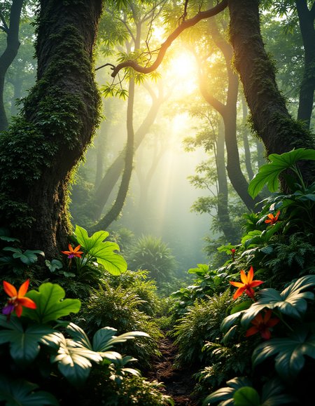 A vibrant, lush jungle scene captured in the golden glow of sunlight filtering through the dense canopy. Towering tropical trees dominate the frame, their trunks wrapped in thick, winding vines and moss. The sunlight pierces through gaps in the leaves, creating dramatic shafts of light that illuminate the rich greenery below.
The foreground features large, dew-covered leaves glistening in the light, with delicate ferns and undergrowth forming a layered composition. Brightly colored flowers, such as orchids or heliconias, add splashes of vivid red, orange, and purple, contrasting against the deep emerald tones. In the background, hints of a misty haze linger, adding depth and a sense of mystery to the jungle.
The scene is alive with texture: the rough bark of tree trunks, the velvety softness of moss, and the glossy surfaces of tropical leaves. The sounds of distant bird calls and the rustling of leaves in the gentle breeze are almost palpable, creating a sense of immersive serenity.
Technical Details for Photography Rendering:
Camera: Canon EOS R5
Lens: RF 24-105mm f/4L IS USM
Settings: 35mm focal length, f/4 aperture, ISO 400, 1/160s shutter speed
Lighting: Natural sunlight with soft dappled highlights and shadows, enhanced by the slight haze in the atmosphere for added depth.
 <lora:Phlux:0.5>
