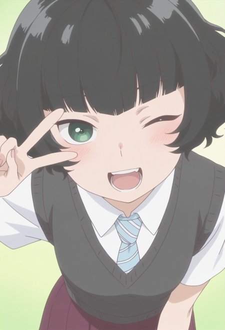 anime screencap, anime coloring,   <lora:DX888Hitoha:1> hongou hitoha, green eyes, black hair,short hair, blunt bangs, BREAK school uniform, white shirt, striped necktie, sweater vest, skirt, socks,  BREAK simple background,  green background, BREAK  1girl, blush, leaning forward, solo,  v, open mouth, happy,  v over the eye, (upper body:1.2), one eye closed, teeth,