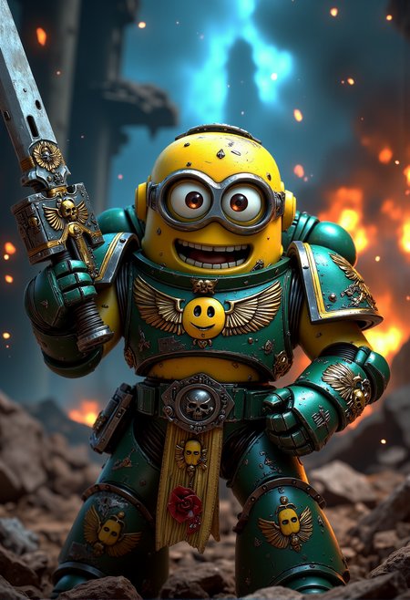 space marine. A determined Minion with a mischievous smile dressed in battle-worn Space Marine armor, chipped but proudly showing Minion insignia and banana-themed purity seals. The Minion is without a helmet (no helmet:2.0), showcasing their iconic Minion goggles, expressive eyes, and wide smile. The Minion is wielding a plasma gun that looks overly powerful, with smoke coming out and bright warning symbols. The Minion is depicted in a scene such as: standing triumphantly on a pile of rubble, raising a chainsword high, banana insignia glinting in the light. The Minion's expression is shouting fiercely with eyes wide, adding to the comical feel. The scene should be depicted in a colorful but gritty Warhammer 40k style, with bright yellows and blues to emphasize the Minionsâ classic color scheme. The armor and weapons are detailed with ornate designs, but humor is maintained through Minion-themed accessories and comical touches. Witty details include: a Minion Chaplain wearing a robe, with a giant yellow smiley face badge pinned to it. Background elements should resemble classic Warhammer 40k settings but with a humorous Minion twist, such as: a war zone with banana crates mixed among the supply crates, Minions occasionally peeking out. , <lora:sm2.safetensors:1.0:1.0>