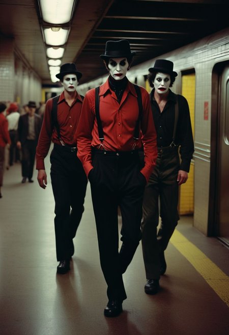 cinematic shot of gang walking in subway station, dystopian 1970s New York, menacing gaze, wearing black-pants, suspenders, high hat, mime whiteface, red-shirt, dramatic shadows, high resolution