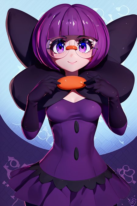 score_9, score_8_up, score_8, medium breasts, (curvy), cute, eyelashes,       ,,, , ,,, zzShauntal, purple eyes, bob cut, glasses, round eyewear, short hair, blunt bangs, purple hair, elbow gloves, purple skirt, skirt, bow, dress, large bow, <lora:Shauntal_Pokemon_PDXL:1.0>,  ,,,, BREAK, smile, looking at viewer, cowboy shot, ,,, embedding:zPDXL, Expressiveh, ,,, <lora:Zy0n7_PDXL:0.8>, <lora:SDXLFaeTastic2400:0.5>, <lora:Expressive_H-000001:0.4>,