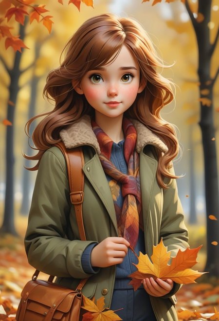 Girl with autumnal clothes and autumn leaves in hand, 
Watercolor, 
trending on artstation, 
sharp focus, 
studio photo, 
intricate details, 
highly detailed, 
by greg rutkowski