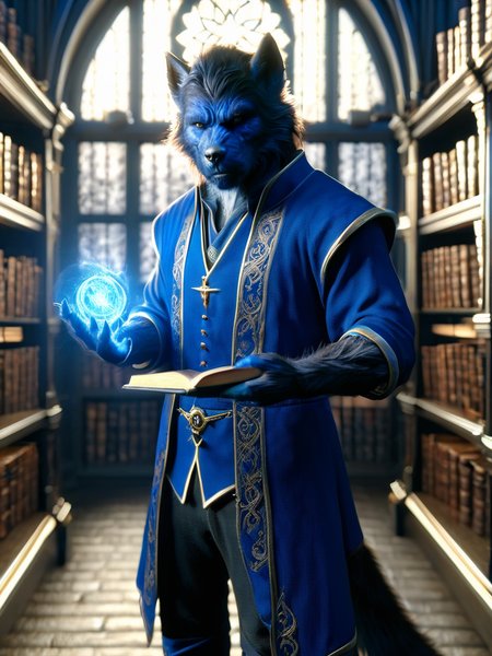 worgen, male worgen, mage worgen, mage clothing, a man in a blue outfit holding a staff with blue magic, book shelves in the background, standing in front of a window, backlight <lora:wowrgen-sdxl:1>