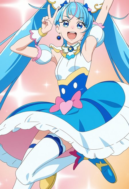 detailed background, shiny skin, posing, rating safe, 1girl, solo, 
<lora:curesky.pony:1.0>,
curesky, 
small breasts, hands on own hips, dancing, open mouth, smile, laughing, v-shaped eyebrows, blue eyes, from side, arm up, victory pose, jumping, arm strenched, white thighhighs, blue footwear, looking at viewer,