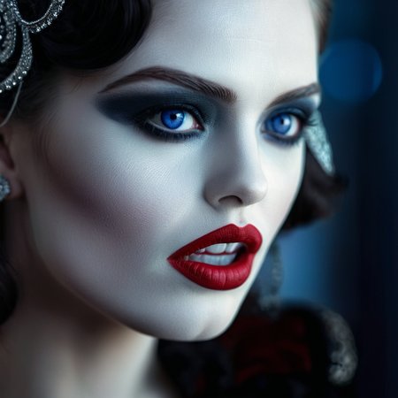cinematic film still of  <lora:add-detail-xl:1>
 <lora:detailed:0.3>
<lora:perfection style:0.3>
 <lora:xl_more_art-full_v1:0.3>
 <lora:drawing style:0.8>
drawing style
closeup on a a blue eyes white makeup vampire woman with a red lipstick and a black dress comic book magazine style <lora:brides of dracula style:1>, shallow depth of field, vignette, highly detailed, high budget, bokeh, cinemascope, moody, epic, gorgeous, film grain, grainy