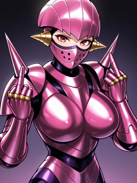 full armor,robot girl,robolady,1girl,solo,spikes,large breasts,looking at viewer,upper body,covered mouth,mouth mask,pink helmet,pink armor,shoulder spikes,pink gauntlets,purple bodystocking,middle finger,
masterpiece,best quality,amazing quality,very aesthetic,absurdres,newest,<lora:Robolady illuXL v1:0.7>,