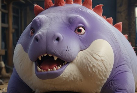 HD, Raytracing, cinematic, sense of scale, 1massive chonkasaurus white, big red round nose, red lipstick, blue eyeshadow, glasgow smile, atmospheric, empty space, colours, blurry background, realistic fur, purple realistic eyes, bloodshot eyes, <lora:chonkasaurus-000003:1>