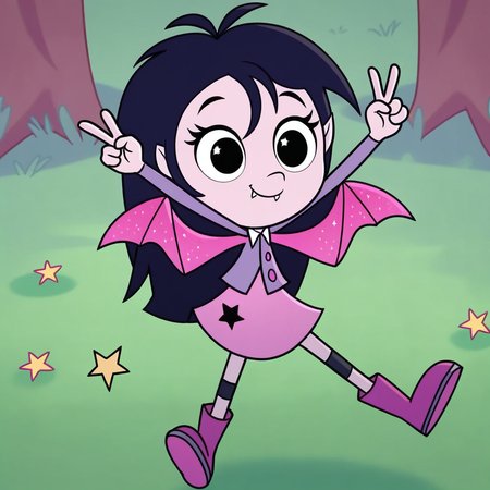 score_9, solo, isadora_m, 1girl, black hair, black eyes, wings, fangs, star (symbol), skirt, shirt, boots, cute, v, tree, grass