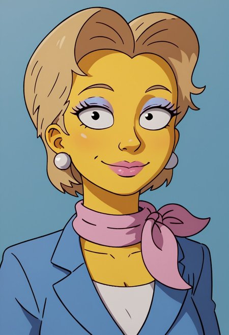 ((bedroom background)),score_9, score_8_up, score_7_up,score_6_up, 
1girl, solo, Chloe_TS, yellow skin, black eyes, dark blonde hair, short voluminous hair, hairsyle elegant, pink lipstick, white pearl earrings, lilac eyeshadow, pink scarf, blue formal jacket, blue formal skirt, white fitted blouse underneath, blue high heels, tall stature, social smile, sexy face, close-up, face photo, perfect eyes, perfect smile, looking at the viewer, big breasts, detailed eyes, perfect eyes, very close-up, cute