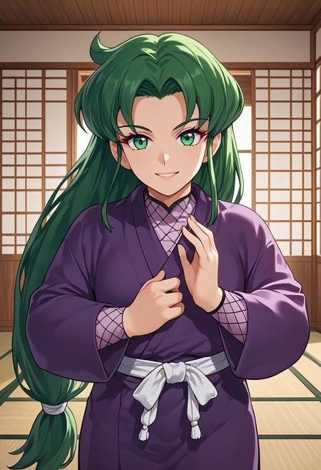 score_9,score_8_up,score_7_up,source_anime,5_figner,2d_animation,game cg,BREAK,1girl,solo,Yae,green eyes,green hair,low-tied long hair,parted bangs,very long hair,sidelocks.japanese clothes,purple kimono,ninja,fishnets,
middle breast,cowboy short,looking at viewer,front view,smile,
japanese room,
masterpiece,best qualit,ultra-detailed,illustration,an extremely delicate and beautiful,beautiful detailed eyes,unity 8k wallpaper,high resolution,anime CG,official_art,