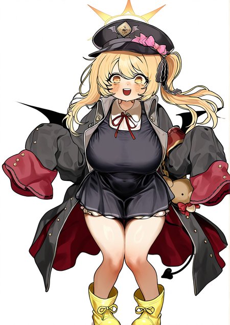 <lora:Chroong:1>,1girl, ibuki \(blue archive\), huge breasts, wide hips, black coat, black dress, black hat, black tail, black wings, blonde hair, blush, boots, coat, collared shirt, demon tail, demon wings, dress, hair between eyes, hat, long hair, neck ribbon, open clothes, open coat, open mouth, peaked cap, red ribbon, ribbon, shirt, side ponytail, sleeves past fingers, sleeves past wrists, smile, solo, tail, white shirt, wings, yellow eyes, yellow footwear, 
very awa, masterpiece, best quality, highres, absurdes,amazing quality,year 2024,newest