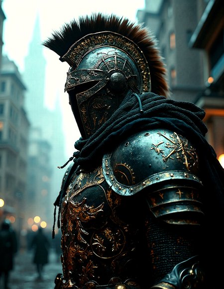 Gothic art with dark tones and intricate details, featuring a figure in detailed armor sharp trojan spike on helmet with cyberpunk elements, set against a moody, atmospheric cityscape. The scene is lit with dramatic lighting and high contrast, highlighting the medieval influences and ornate designs, with sharp shadows and textured surfaces. The composition includes gold embedded within the armor and surroundings, adding a haunting beauty with no depth of field for sharp detail throughout.




