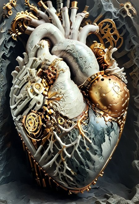 a young woman clutches her mechanical heart in her chest which is rendered in Greys anatomical style with bolts and screws and steampunk valves, it has broken, a small bit of steam escapes from a valve in the heart, and the cracks on her body and heart fill with gold and she turns to marble, 
statue, sculpture,  ArsMJStyle, Rococo Steampunk, DonMSt34mPXL, overgrown, heart art