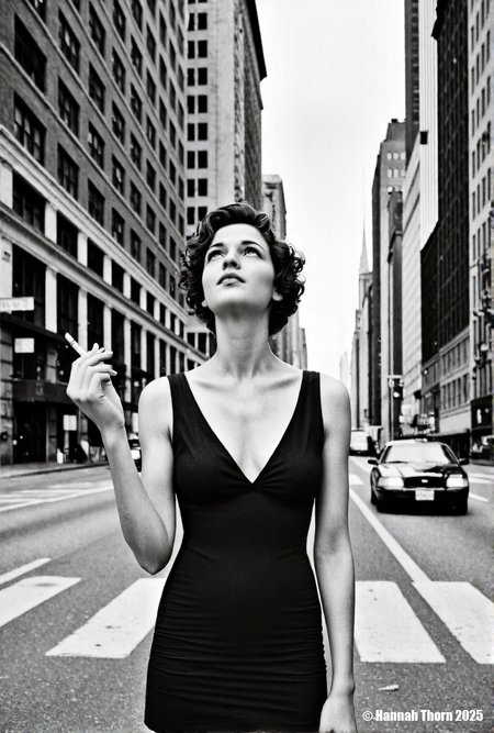 A realistic black and white photograph of a young beautiful brunette woman standing on a city street, wearing a black v-neck dress, with short curly hair, holding a cigarette in her hand, looking up at the sky, with tall buildings in the background, cars driving on the street, street signs on the buildings, daytime, medium shot, detailed face, realistic skin texture, film grain, high resolution, natural lighting, dramatic shadows, shot with a Leica camera, 50mm lens, f/2.8 aperture, 1/250 shutter speed, ISO 200, shot on Kodak Tri-X 400 film., <lora:_Flux\_Photographer\Helmut_Newton-000001.safetensors:0.8300000000000002:0.8300000000000002> <lora:_Flux\_Skin_Appearance\detailifier_flux-000006.safetensors:0.8300000000000002:0.8300000000000002> <lora:_Flux\_Skin_Appearance\Old_Beauty.safetensors:0.7500000000000001:0.7500000000000001>, A stunning black and white portrait of a young woman, her face partially obscured by a strip of 35mm film. The film runs vertically, bisecting her face, with the individual frames visible and adding an intriguing layer to the composition. Her expression is serene, eyes gazing slightly off-camera, framed by dark, wavy hair. The lighting is soft and diffused, creating subtle shadows that accentuate her features. The background is a soft, out-of-focus white, drawing attention to the subject. The overall mood is artistic and contemplative, evoking a sense of classic Hollywood glamour. The image is reminiscent of vintage photography, with a timeless quality. The contrast between the smooth skin and the textured film adds visual interest. The composition is simple yet effective, creating a captivating and memorable image., <lora:_Flux\_Photographer\Helmut_Newton-000001.safetensors:0.8300000000000002:0.8300000000000002> <lora:_Flux\_Skin_Appearance\detailifier_flux-000006.safetensors:0.8300000000000002:0.8300000000000002> <lora:_Flux\_Skin_Appearance\Old_Beauty.safetensors:0.7500000000000001:0.7500000000000001><lora:_Flux\_Photographer\Helmut_Newton-000001.safetensors:0.8300000000000002:0.8300000000000002> <lora:_Flux\_Skin_Appearance\detailifier_flux-000006.safetensors:0.8300000000000002:0.8300000000000002> <lora:_Flux\_Skin_Appearance\Old_Beauty.safetensors:0.7500000000000001:0.7500000000000001>