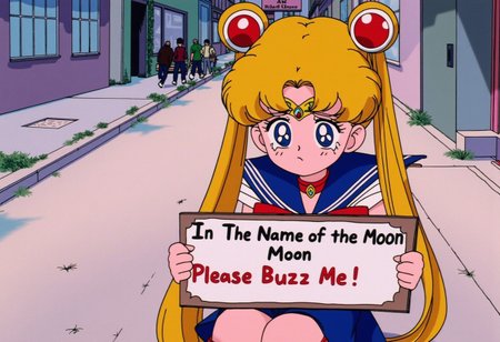 (Fantasy art style with some form of semi-realism), Semi-Realism, <lora:slrmn_flux_EliPot:1> sailor moon, , blue eyes, blonde hair, twintails), holding a sign " In The Name of the Moon Please Buzz Me! " , crying female, blushing, tears falling/rolling down her eyes, background poor village/town, sailor moon sitting at a bench crying and begging, anime