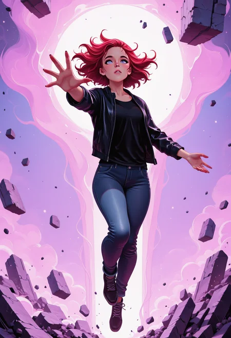masterpiece, best quality, amazing quality, 1girl,, solo, ,,<lora:lavenderAndTeal_illustrious_byJaneB:1>, lavenderandteal,
<lora:jesseFaden_illustrious_byJaneB:1> 1girl, solo, jeans, black shirt, jacket, outstretched hand, floating, debris,