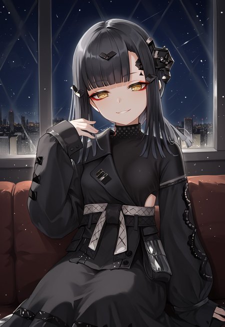 Mercurows, black hair, blunt bangs, long hair, black dress, long sleeves, sleeves past wrists, hair ornament, headgear, sleeves past fingers, yellow eyes, small breasts, red eyeliner, silver sash, ponytail,

looking down, head tilt, hand up, sitting, light smile, half-closed eyes, smug,
 
window, city, cityscape, dark, night, night sky,

1girl, solo, solo focus, highres, absurdres, light particles, shade, lens flare, shiny skin, fine fabric emphasis,