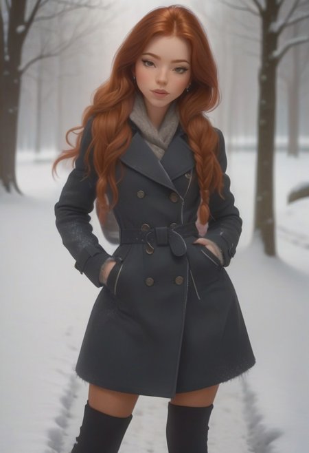 em5588, best illustration, illustration, masterpiece, best quality, ultra-detailed, photo of beautiful woman ,seductive, red hair.coat  ,in the park,   Winter, snow  ,  masterpiece) (best quality) (detailed) (8k) (HDR) (wallpaper) (cinematic lighting) (sharp focus) (intricate)
