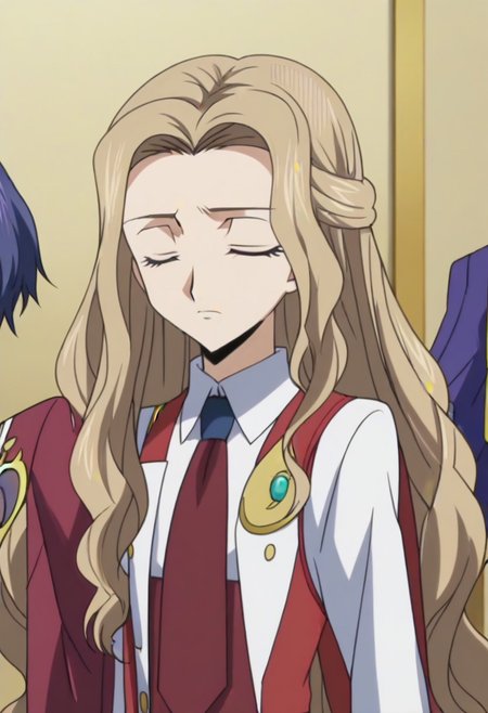 anime screencap, masterpiece, best quality, Code Geass anime art style, <lora:Nunnally_Lamperouge:1>Nunnally Lamperouge, 1girl, ashford academy school uniform, long hair, necktie, school uniform, closed eyes,