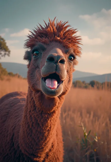 (masterpiece, best quality, high-res, 4k textures, ultra detailed:1.25),
Cinematic <lora:Cinematic:0.75> film still National Geographic - Animal documentary,
Medium close-up of a lonely Pop Alpaca, looks shocked, tongue outside from open mouth,
(in wild savanna at Blue hour:1.25), soft focus <lora:AntiBlur:1.25>, natural light, warm tones,
sharp focus, moody, dark, 35mm <lora:Epic35mmJoicap:0.5>, grainy, sharp focus, bokeh, vignette