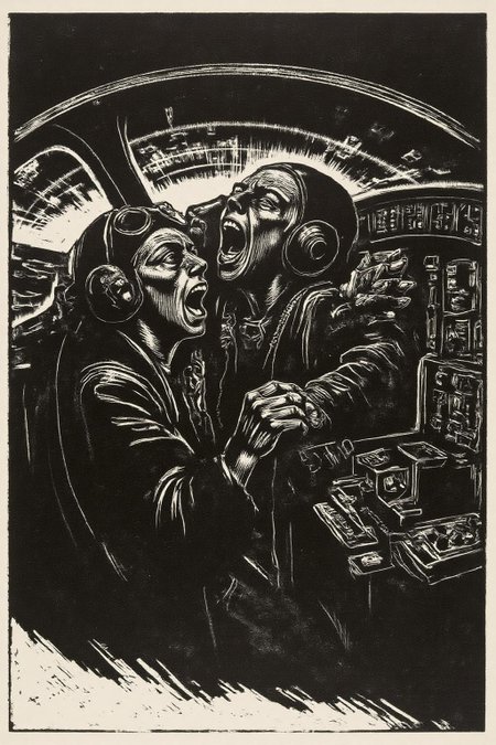 kako1 black and white woodcut print. A female pilot screaming inside the cockpit of a World War II bomber. The pilot, wearing a vintage leather flight helmet with goggles and a bomber jacket, grips the controls with white-knuckled hands. Her face is contorted in a mix of fear and determination as she yells, her eyes wide with adrenaline. The cockpit is cramped and filled with old-fashioned dials and gauges, with the outside view showing dark stormy clouds and distant anti-aircraft fire  <lora:kako3_woodcut_cap_d6a3e11:1.0><lora:817675934225359495:0>