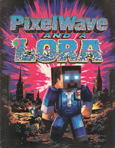 I couldn't find any official information about a Minecraft character named Steve or PixelWave and a LORA, but I can generate this prompt for you:
A vintage comic book cover with a distorted image of the words "PixelWave and a LORA" written in bold, neon letters. The background is a deep purple and there's an eerie glow surrounding it.
In the foreground, a stylized illustration of Steve from Minecraft, dressed in a futuristic jumpsuit with a cityscape behind him. His eyes are glowing bright blue as he holds his trusty pickaxe.