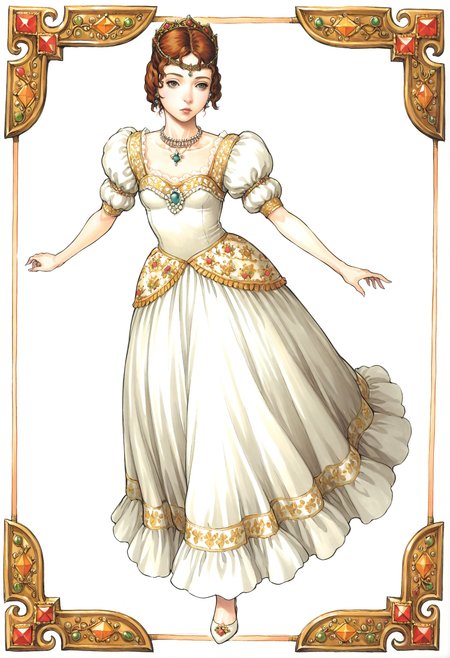<lora:add-detail-xl:1>,masterpiece,best quality,absurdres,highres,detailed eyes,beautiful,detailed background,perfect eyes,realistic,
1girl,solo,dynamic pose,white background,full body,
<lora:Sharurotto:1>,brown hair,lips,grey eyes,brown eyes,black eyes,eyelashes,red hair,jewelry,necklace,dress,puffy sleeves,short hair,princess,tiara,short sleeves,earrings,crown,white dress,puffy short sleeves,gem,long sleeves,hat,collarbone,