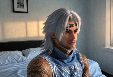 Gay++, homoerotic, hyper masculine, solo, (white hair, white body hair, white beard), (((male))), sheets covering body, in the bedroom, sitting on bed, headshot, sunrise, 20yo, gray eyes, scruffy, confident, (medium hair), ((athletic, narrow waist, wide shoulders)), cocky, gigachad, scruffy, shaggy, head tilted back++, face freckles, earrings, nose piercing, eyebrow piercing, blackout tattoos, tattoos,  BREAK
Portrait photo, relaxed, in bed, bedroom, indoors, morning, sunrise, (warm lighting)
bokeh, highly detailed, Fujifilm XT-4,
LanGe, LanGe_silver-blue-hair, LanGe_long-medium-wavy-hair, LanGe_dark-eyebrows,  LanGe_gray-eyes, LanGe_asian-shaped-eyes, LanGe_golden-head-ornament,