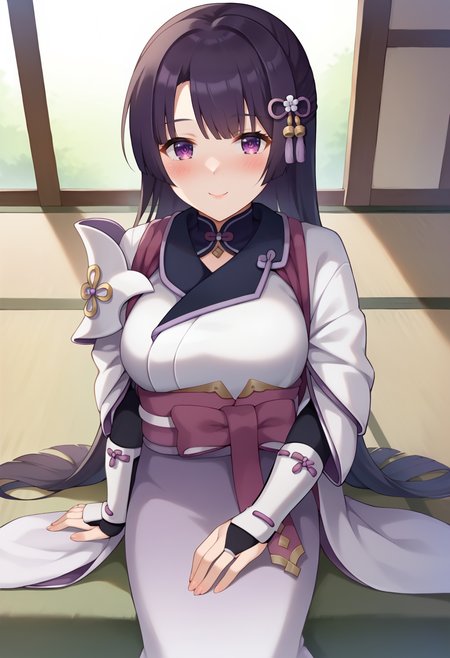 score_9, score_7_up, hd, (ultra hd quality details), source_anime, indoors,
solo, 1girl, riripcrbase, long hair, large breasts, 
riripcrbase, long hair, large breasts, purple hair, hair ornament, hair ribbon, ridefkimono, japanese clothes, white kimono, japanese armor, shoulder armor, long sleeves, fingerless gloves, sash,
looking at viewer, blush, smile,
sitting, from above,
<lora:_lily_pcr-elesico-ponyv2-10:0.9>