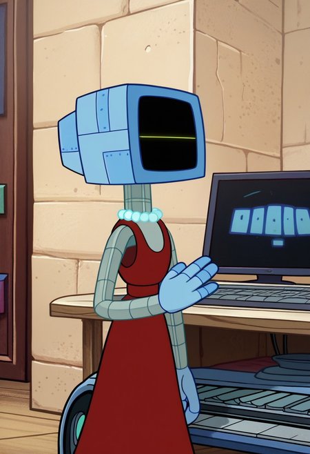 score_9, score_8_up, score_7_up BREAK, KarenSB, 1girl, robot girl, metal body, blue computer head, black screen, blue hands, wheels, pearl necklace, sleeveless red dress, green led smiley face,