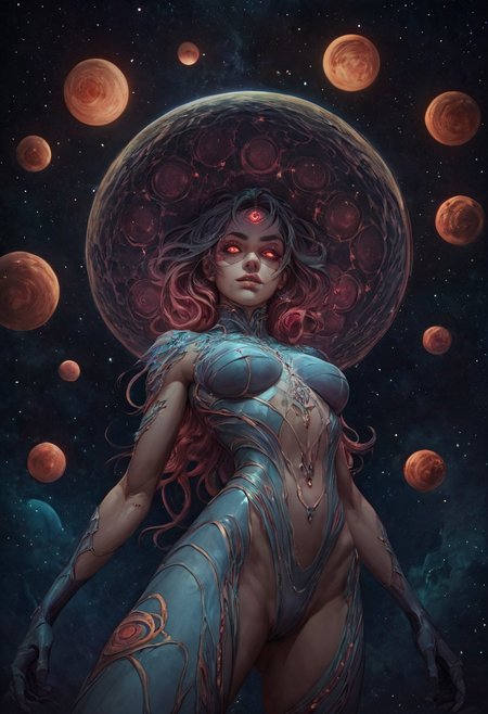 Score_9, score_8_up,score_6_up, (perfect anatomy), realistic photograph of a heroic woman surrounded by space, bright vibrant colors, piercing realistic eyes, angled view from below,