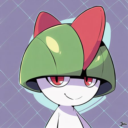 best quality, hires, highly detailed, score_7_up, score_8_up, score_9_up, <lora:RaltsV11-14:0.9>, ralts, pokemon (creature), feral, 1boy, male, solo, portrait, green hair, white body, red eyes, looking at viewer, smile, <lora:PDXL_artist_tags_v2_big:1>, by jinu