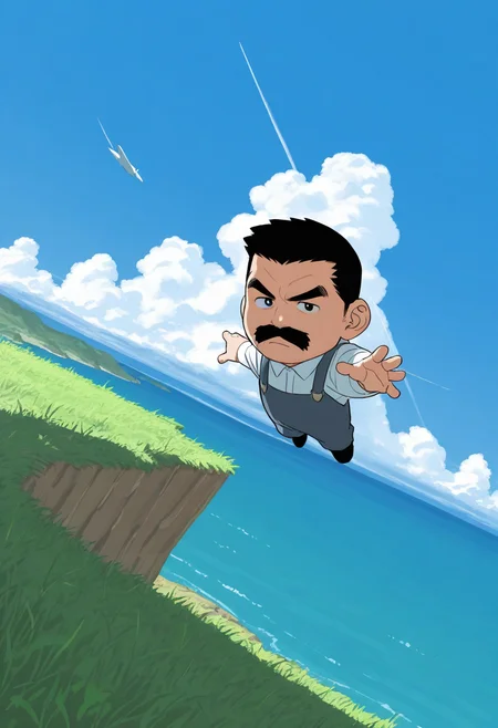 (chibi:1.25), 1boy, serious, (flying:1.2), blue sky, from side, reaching towards viewer, full body, distant, dutch angle, looking at viewer,
BREAK
<lora:Police_commissioner_from_Hairy_Oracle_by_Gengoroh_Tagame_v0.1:1>
keijisan, mature male, thick eyebrows, thick mustache, black eyes, black hair, short hair,
BREAK
farm, cliff, ocean, cumulonimbus cloud, horizon, in the sky,
BREAK
best quality, masterpiece, very aesthetic, absurdres, highest detailed,