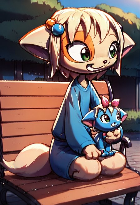 <lora:Paige_v2_r1:0.8>,
score_9,score_8_up,score_7_up,paige,
1girl,solo,furry,
recette, outdoors, young 1girl, holding stuffed blue bunny, , hair ornament, short hair, hair bobbles, smile, sitting on park bench, bold colors, cute smile, recettear