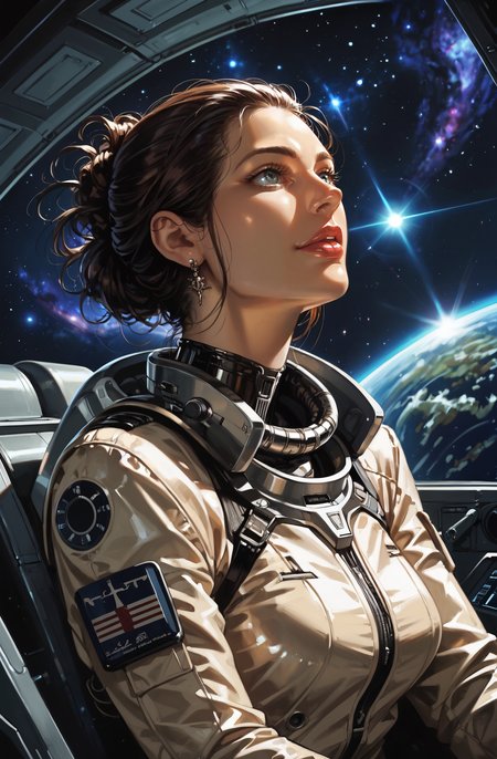 score_9_up, score_8_up, score_7_up, best quality, ultra highres, Casual, shiny skin, detailed, detailed background, realistic face, sharp,
1woman, cockpit, sci-fi, space, sun,
BREAK
BREAK
1 woman, ((Haute Couture Updo Haircut)), space suit, looking afar, concentrated,
<lora:incase---1:0.4>  <lora:Kyouyasai4423_PonyXL_Style:1>